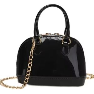 Black Patent Leather Bucket Crossbody Hard Shell Gold Chain Purse